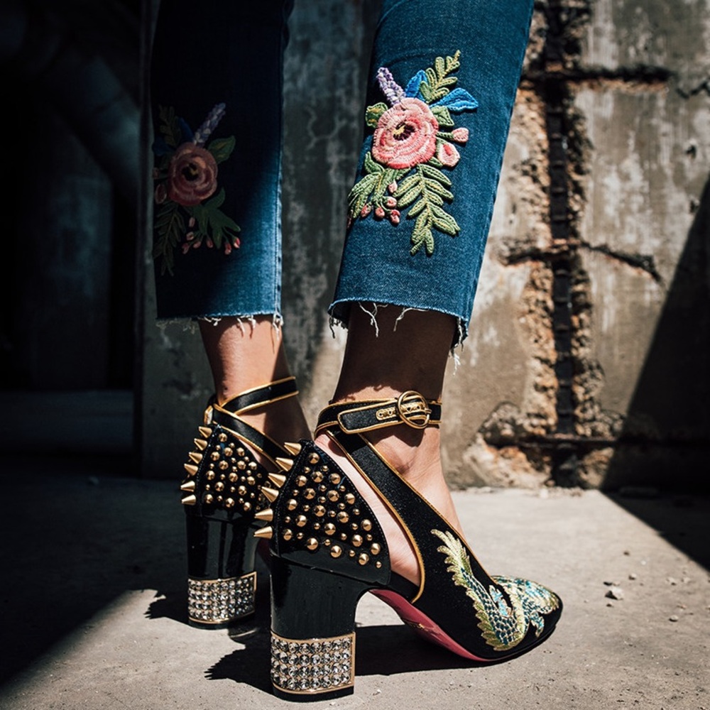 Gucci Black Satin Caspar Dragon Embroidered Spike Jewel Heels Pumps
